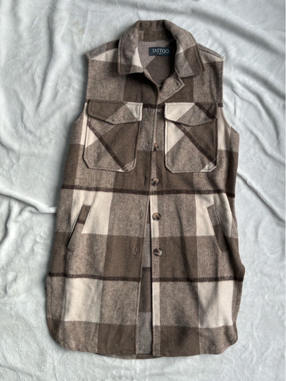 Tattoo Plaid Shacket | Button-Up Shirt Jacket | Neutral Brown | Size S